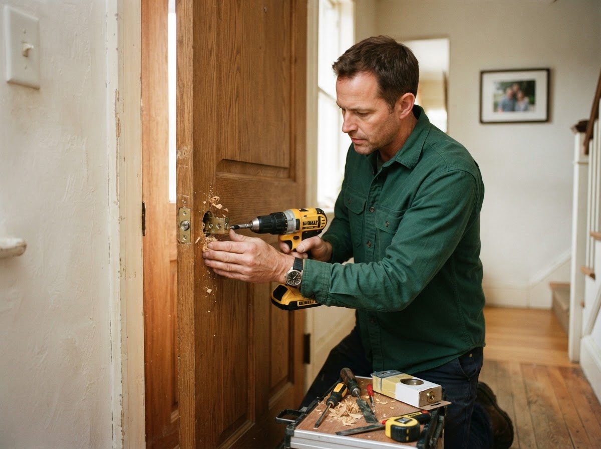 TrueFix handyman installing a new deadbolt lock and adjusting a wooden door in an Allen, Texas home.