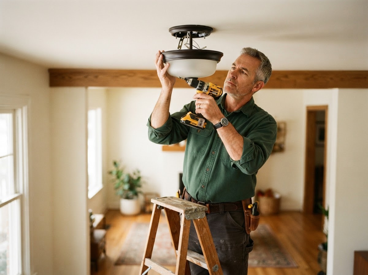 TrueFix handyman installing a new ceiling light fixture with a cordless drill in an Allen, Texas home.