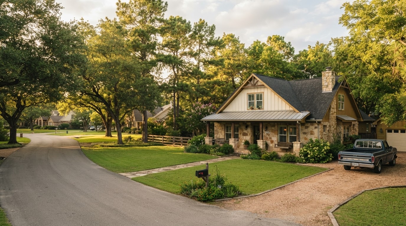 A quiet rural-suburban Texas neighborhood with large lots, mature trees, and a craftsman-style home in Lucas, Texas.