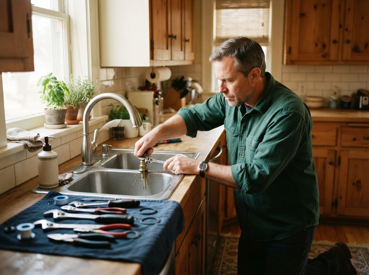 TrueFix handyman repairing a leaky kitchen faucet with tools laid out on a cloth in an Allen, Texas home.