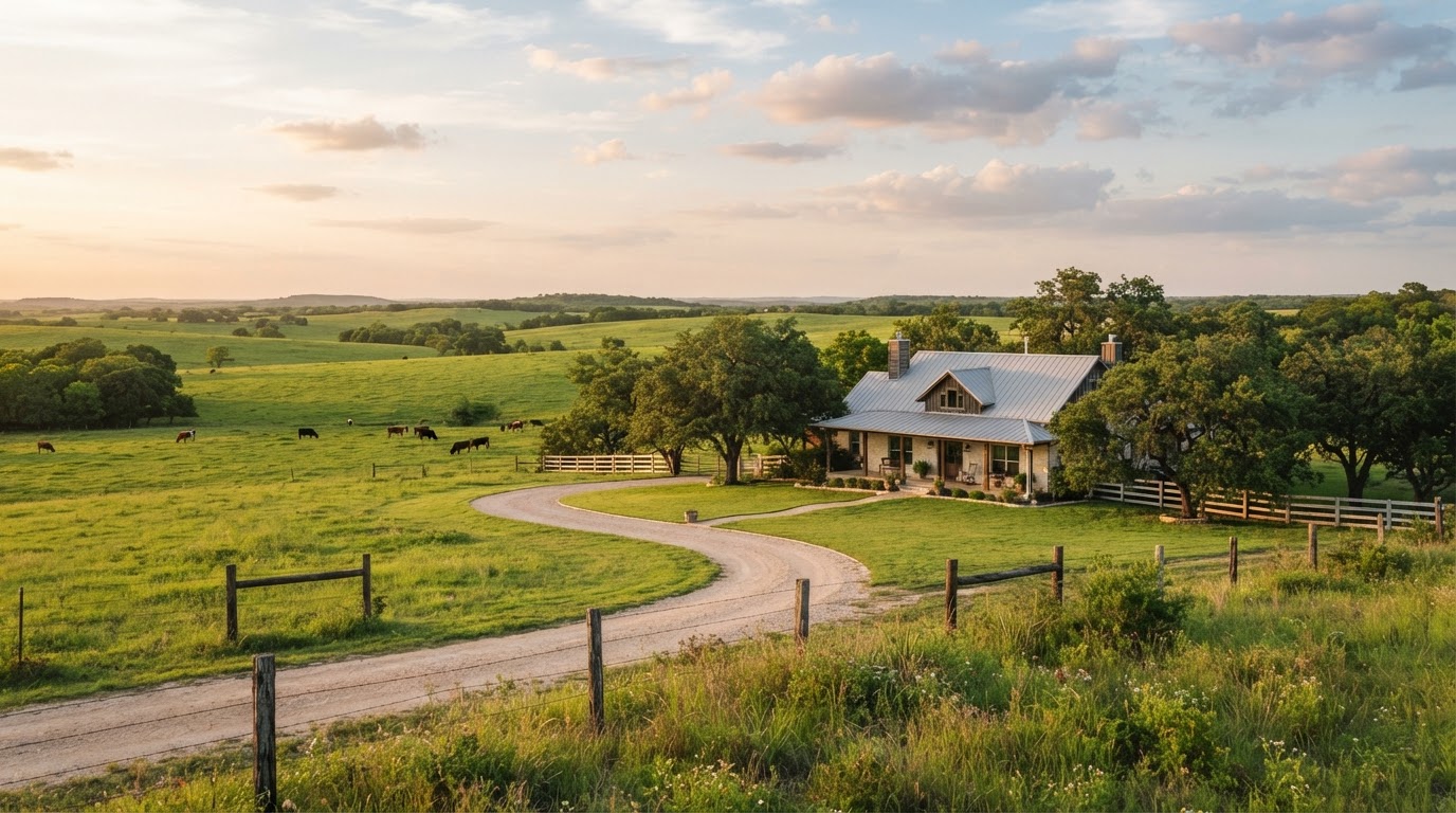 A spacious rural Texas landscape with a ranch-style home, open green fields, and trees under a warm sky in Parker, Texas.