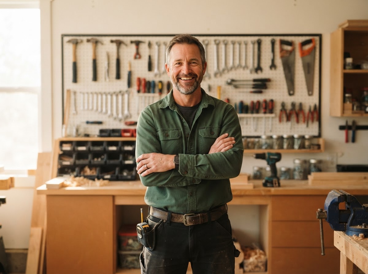 The owner of TrueFix Handyman Services, a one-person local handyman, standing in his tidy Allen, Texas workshop with hand tools on a pegboard behind him.