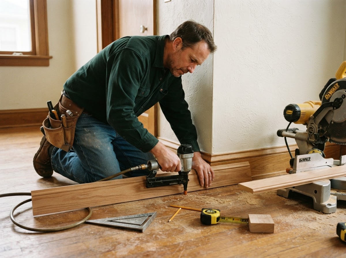 TrueFix handyman installing warm wood baseboard trim with a miter saw and tape measure in an Allen, Texas home.