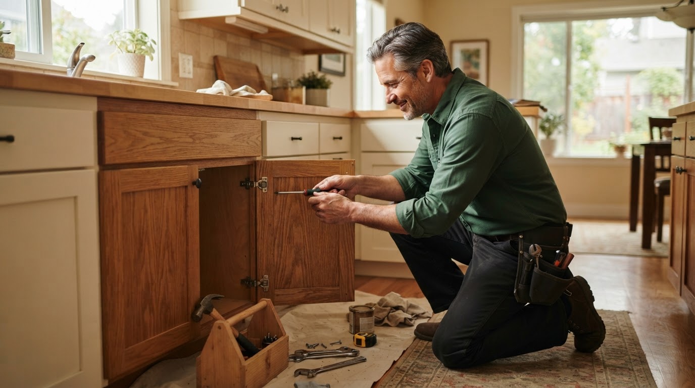 A TrueFix handyman in a deep-green work shirt carefully repairing a wooden cabinet in a warm, sunlit Allen, Texas home.