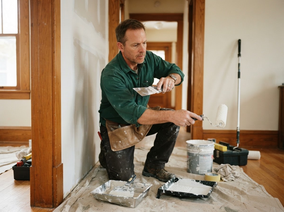 TrueFix handyman mudding drywall seams and rolling fresh interior paint on a wall in an Allen, Texas home.