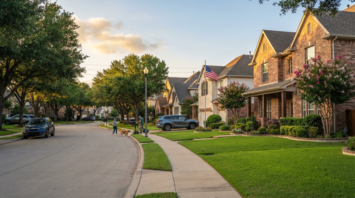 A tidy suburban neighborhood of well-kept single-family homes with green lawns and mature trees in Allen, Texas.