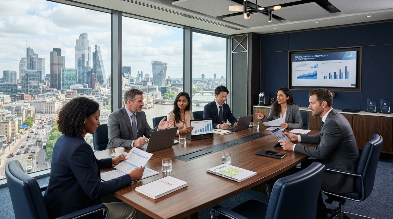 Equipo corporativo revisando oportunidades de negocio en sala de juntas