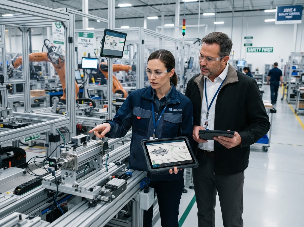 Ingeniero industrial inspeccionando componentes para manufactura