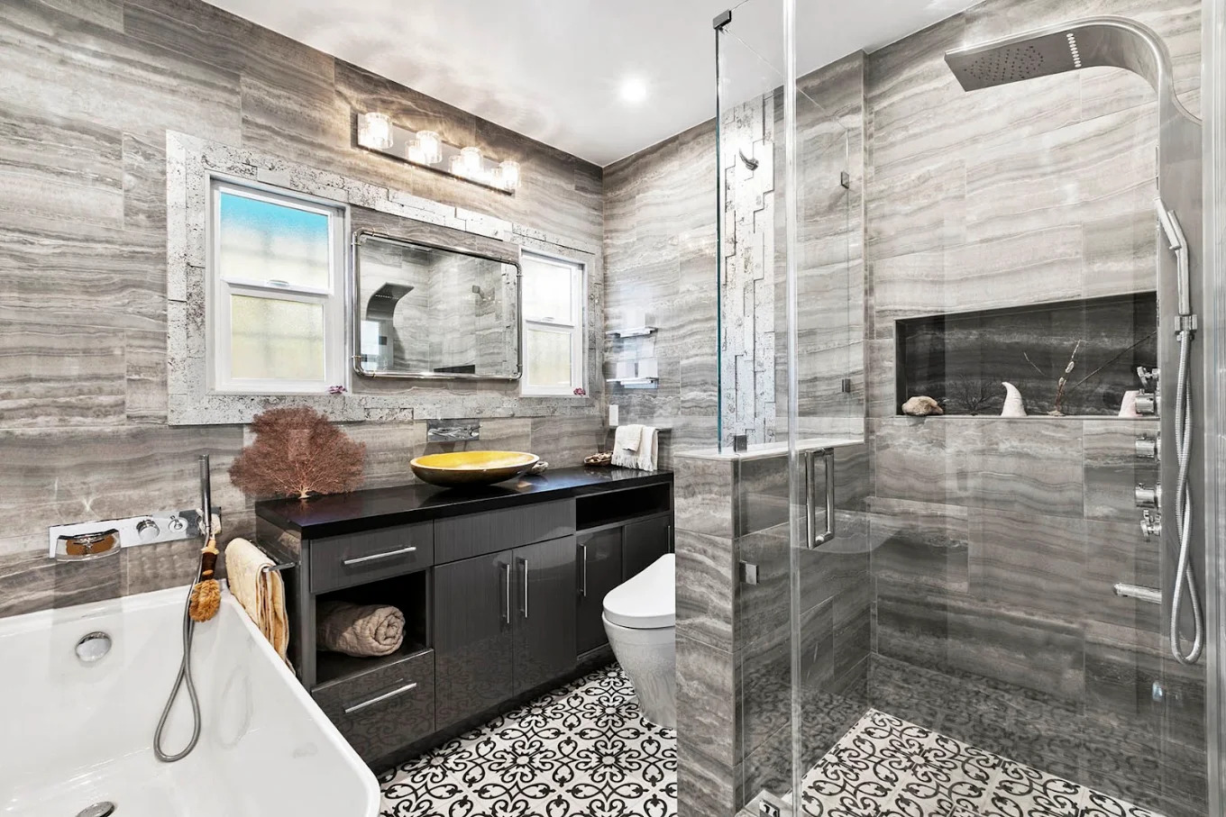 Luxury master bathroom remodel with custom tile and glass shower by Collins
