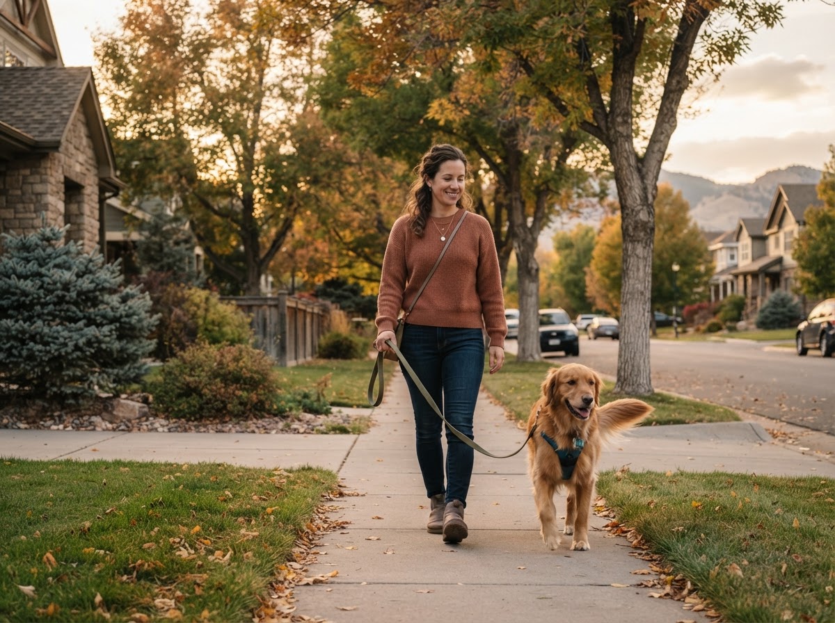 A person walking a calm, well-behaved dog on a loose leash through a Northern Colorado neighborhood