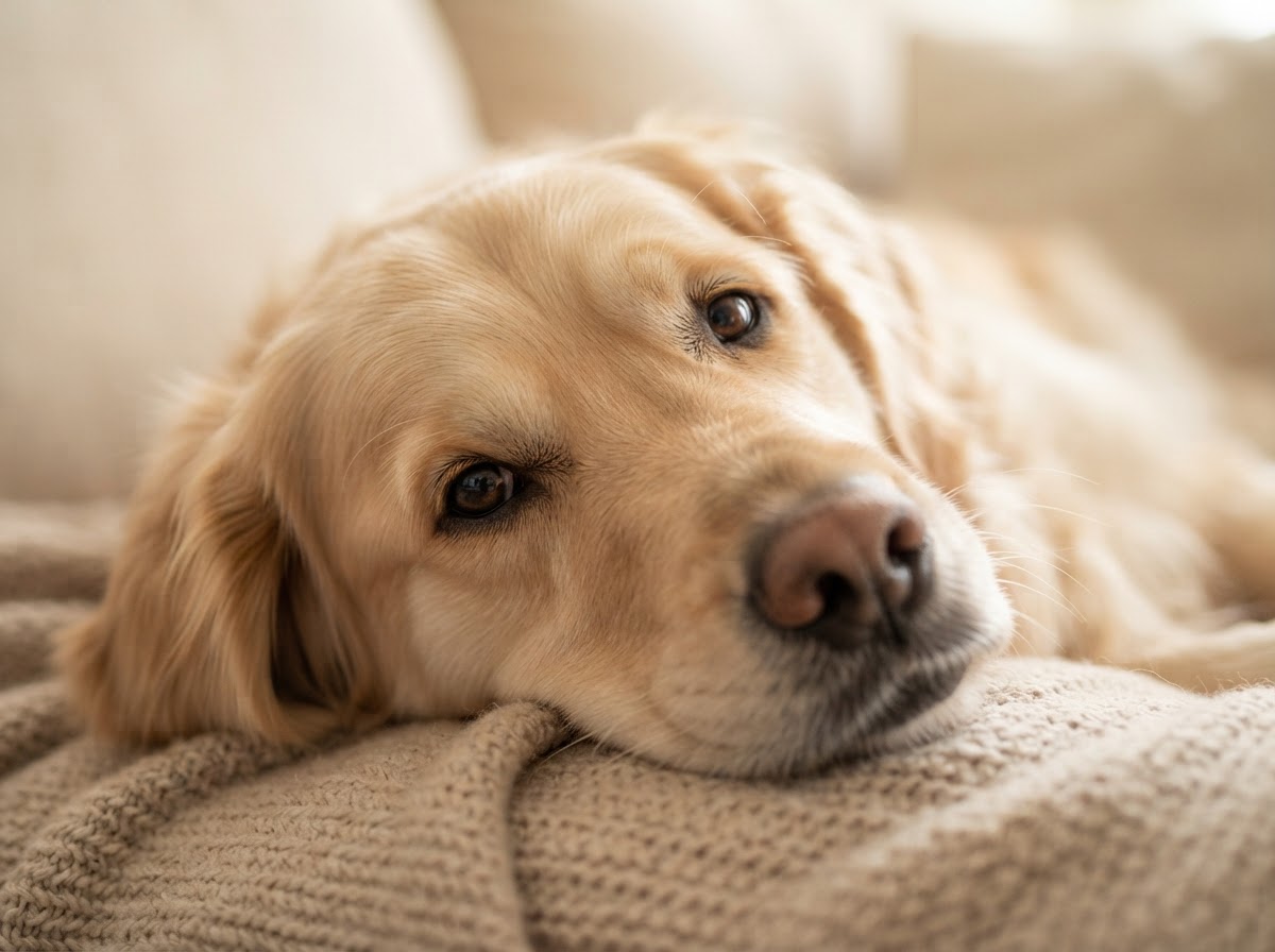 A calm dog looking up with soft, trusting eyes