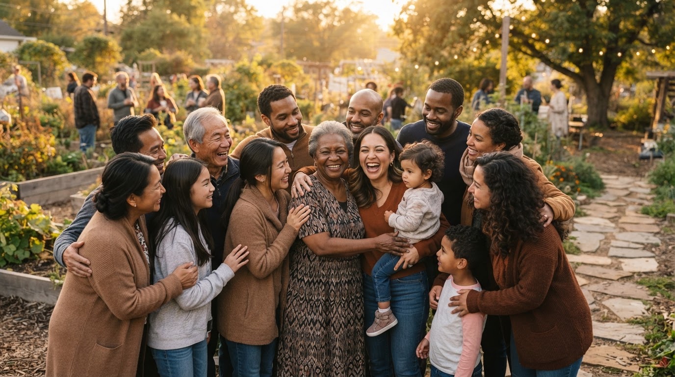 A diverse, multigenerational family and community members sharing a warm, hopeful moment together.