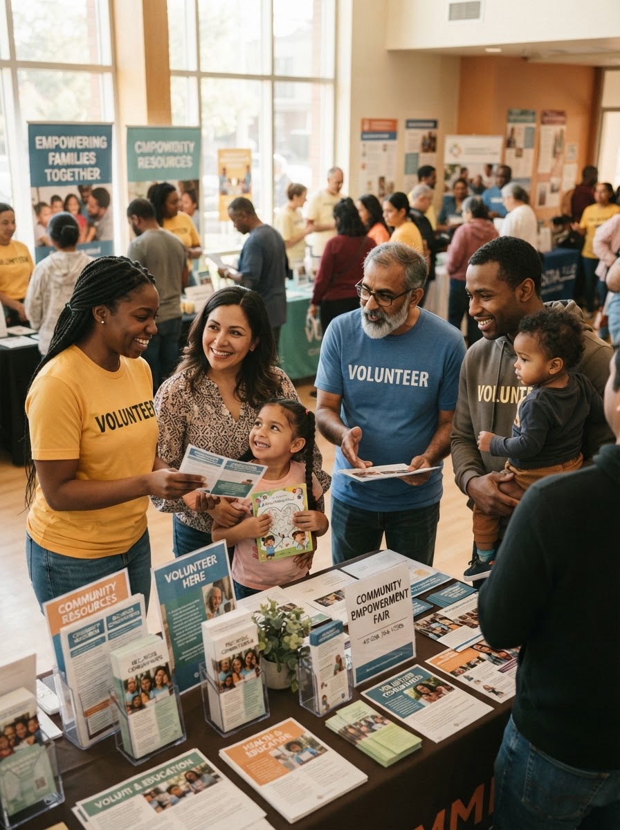 Diverse community volunteers and families working together.