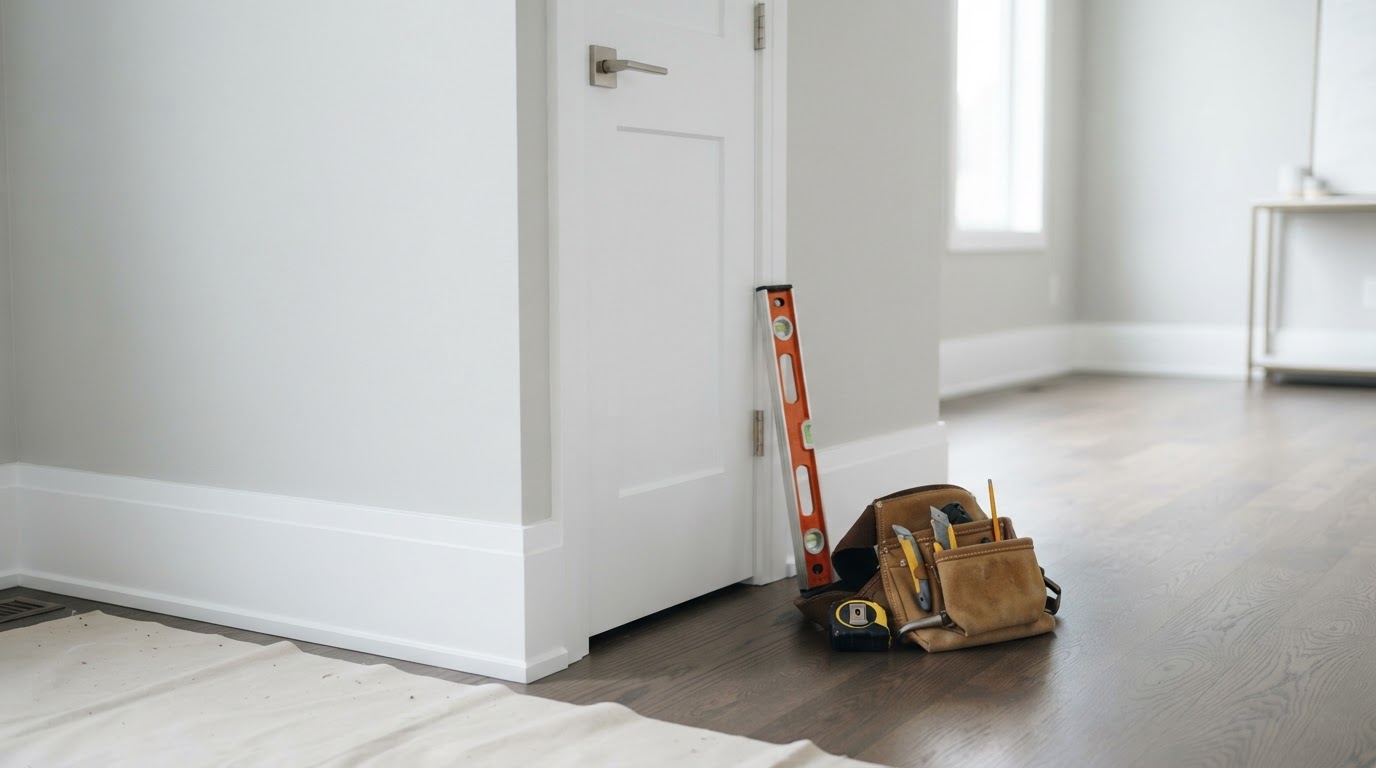 Crisp white baseboard trim and door casing freshly installed in a clean living room