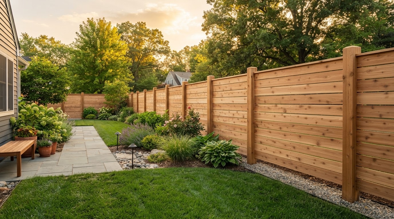 Newly installed cedar privacy fence in a tidy backyard at golden hour