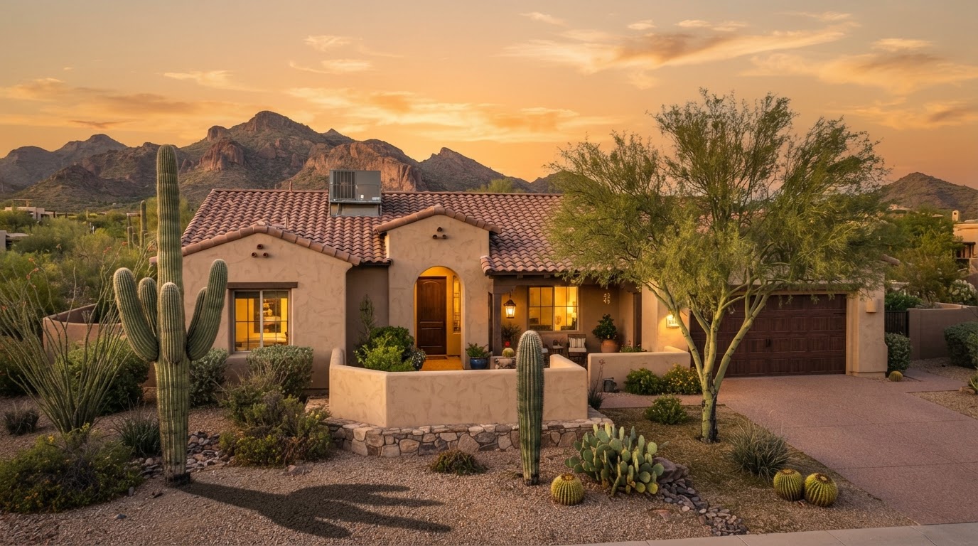 Arizona desert stucco home with rooftop AC unit at golden hour sunset