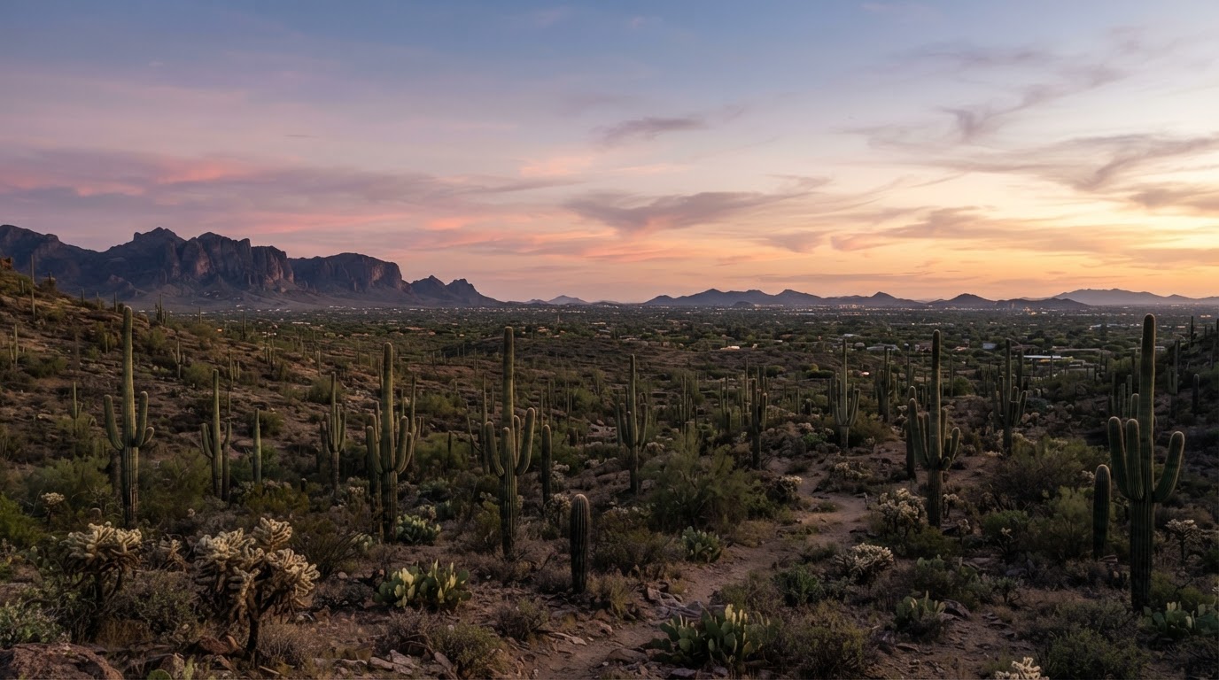 East Valley Arizona desert landscape at sunset with saguaro cacti
