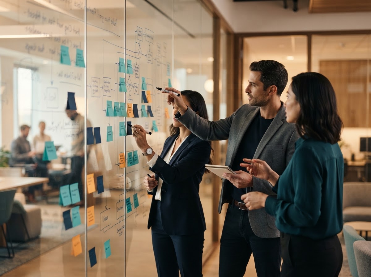 Consultants mapping a workflow on a glass wall to diagnose operational friction