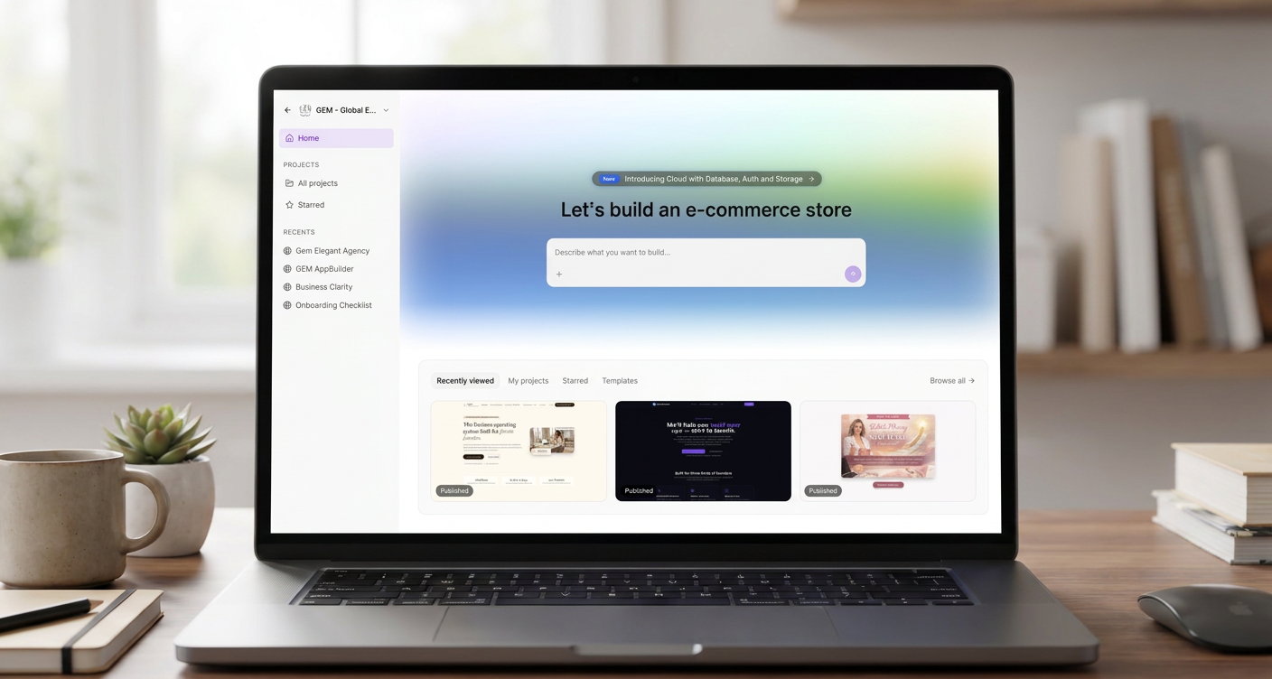 GEM AI Vibe Coder & Creator Studio dashboard on laptop