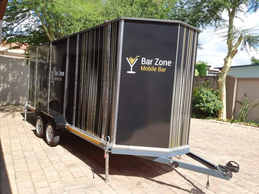 Front view and tow hitch of the Bar Zone mobile bar trailer