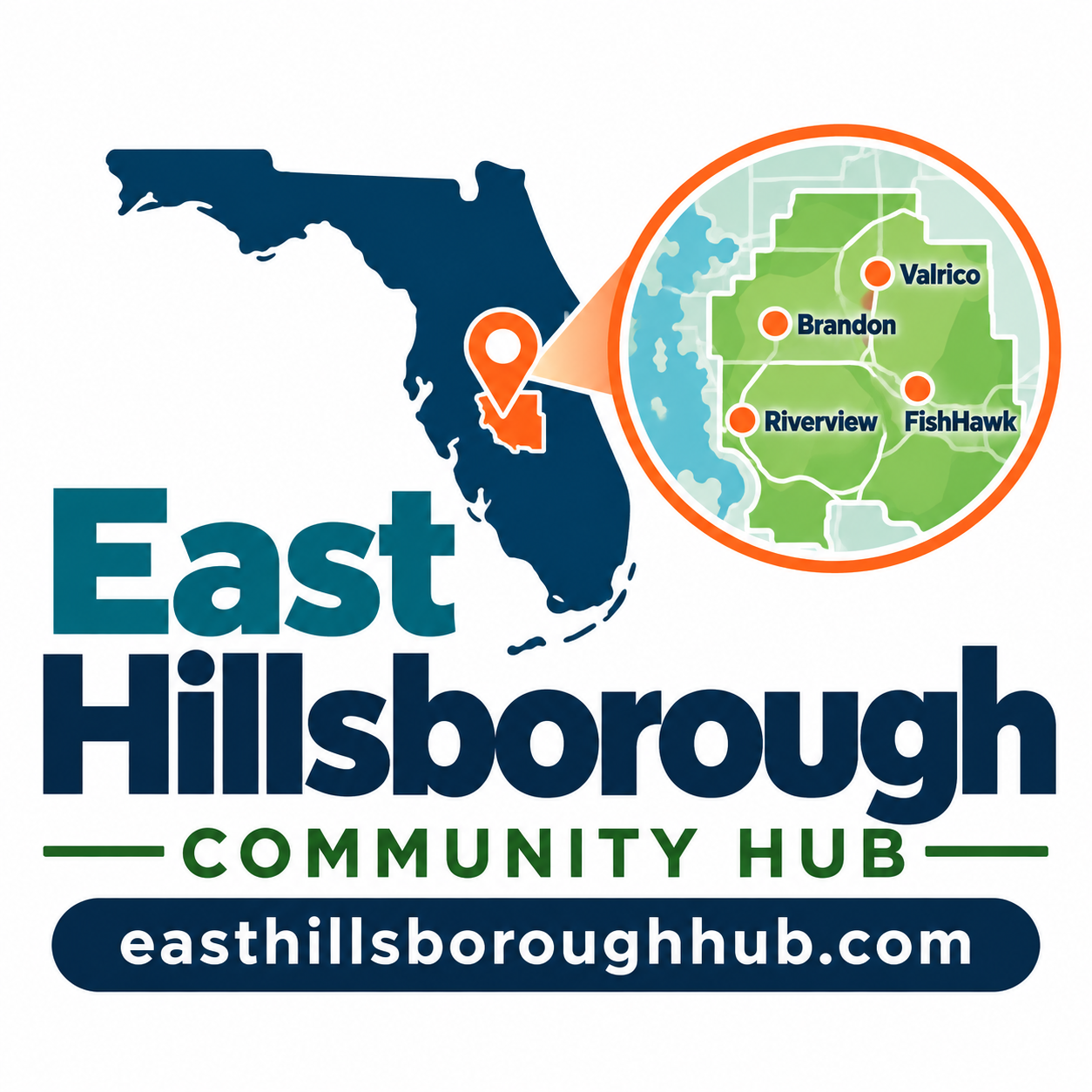 East Hillsborough Community Hub logo with Florida map showing Riverview, Brandon, Valrico, and FishHawk