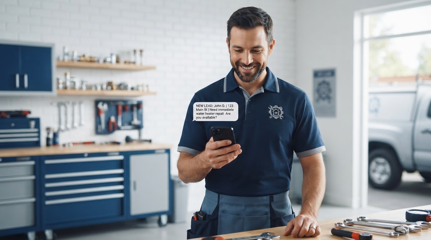 Home service contractor receiving a text message lead on a phone
