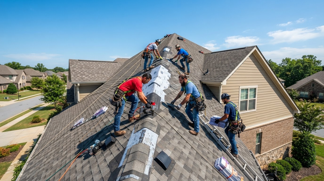 A roofing crew installing shingles on a residential roof