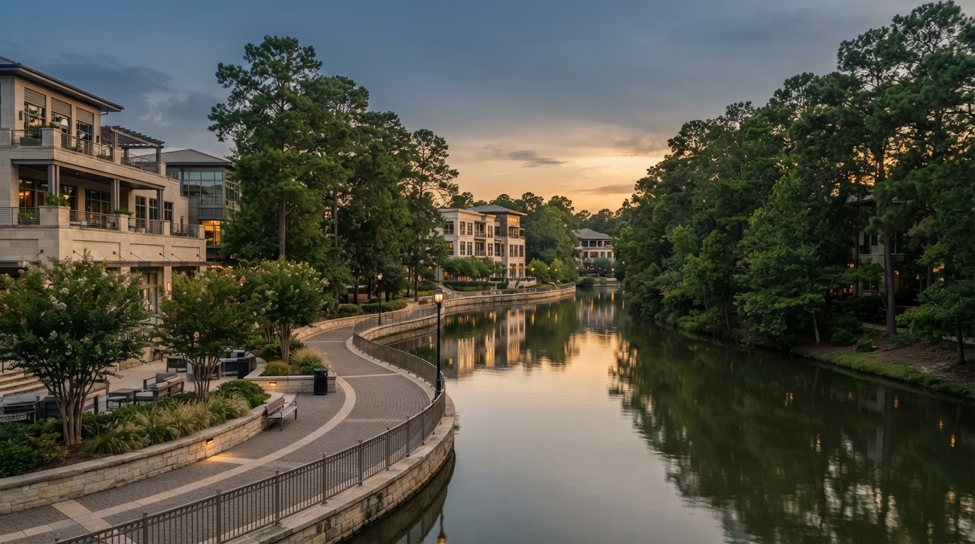 The Woodlands, TX town center and waterway at golden hour