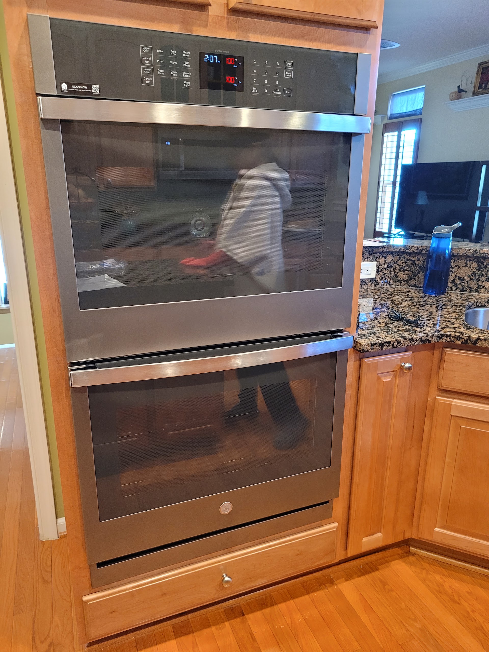 GE built-in double wall oven flush cabinetry integration