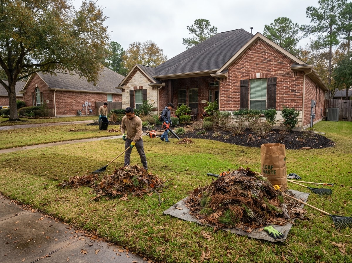 Realistic residential leaf and landscape debris cleanup with raked leaves gathered for removal