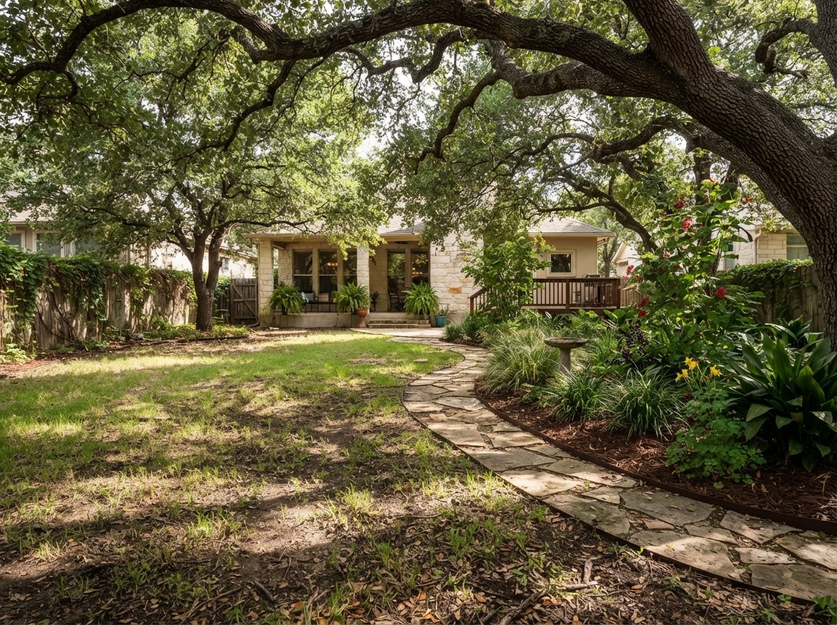 Plausible shaded lawn with substantial tree canopy showing turf thinning in shade and a landscape bed alternative