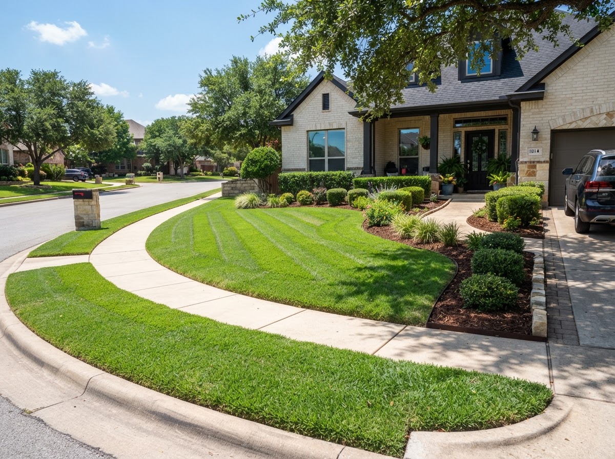 Neatly mowed and edged lawn with mulched beds in Spring, Texas