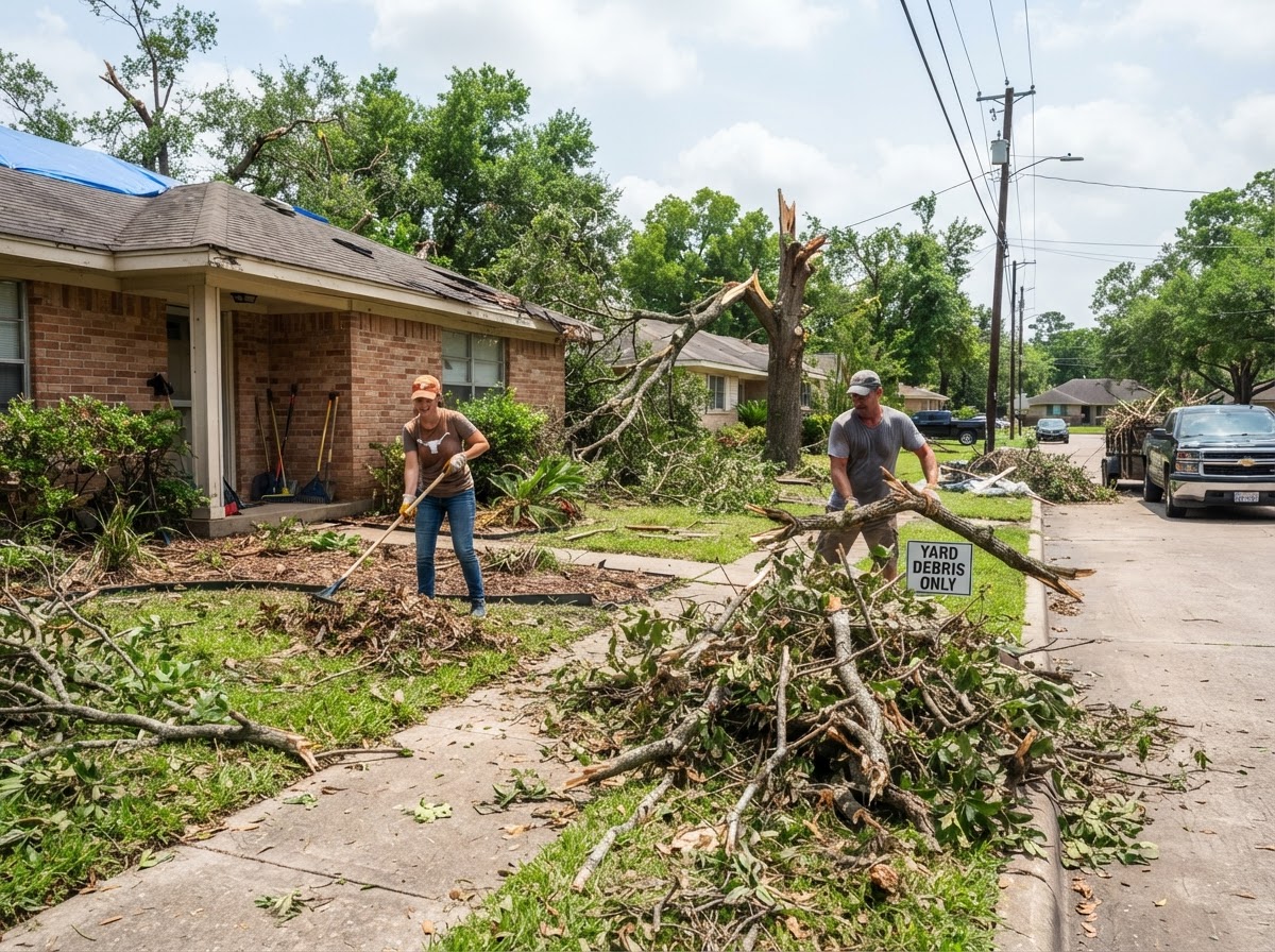 Realistic residential storm debris cleanup with fallen branches and yard debris gathered for removal