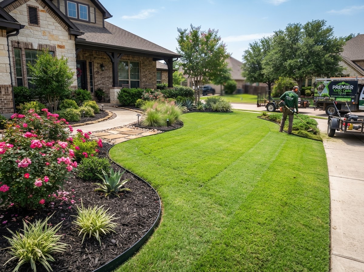 Clean, professionally maintained residential lawn and landscape beds with neat mulch and defined edges