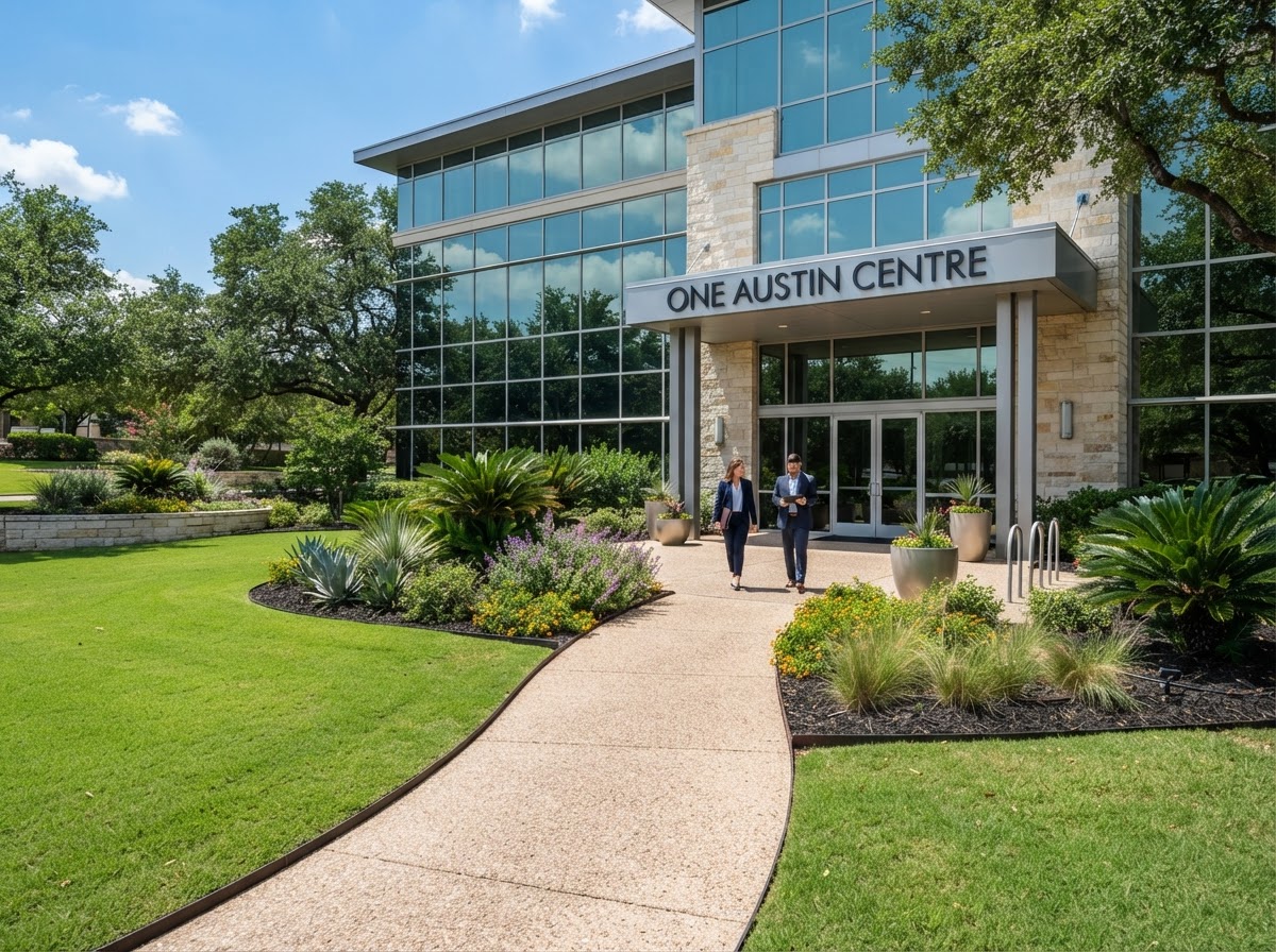 Professional commercial property landscape with a maintained entrance, planting beds, and clean lawn