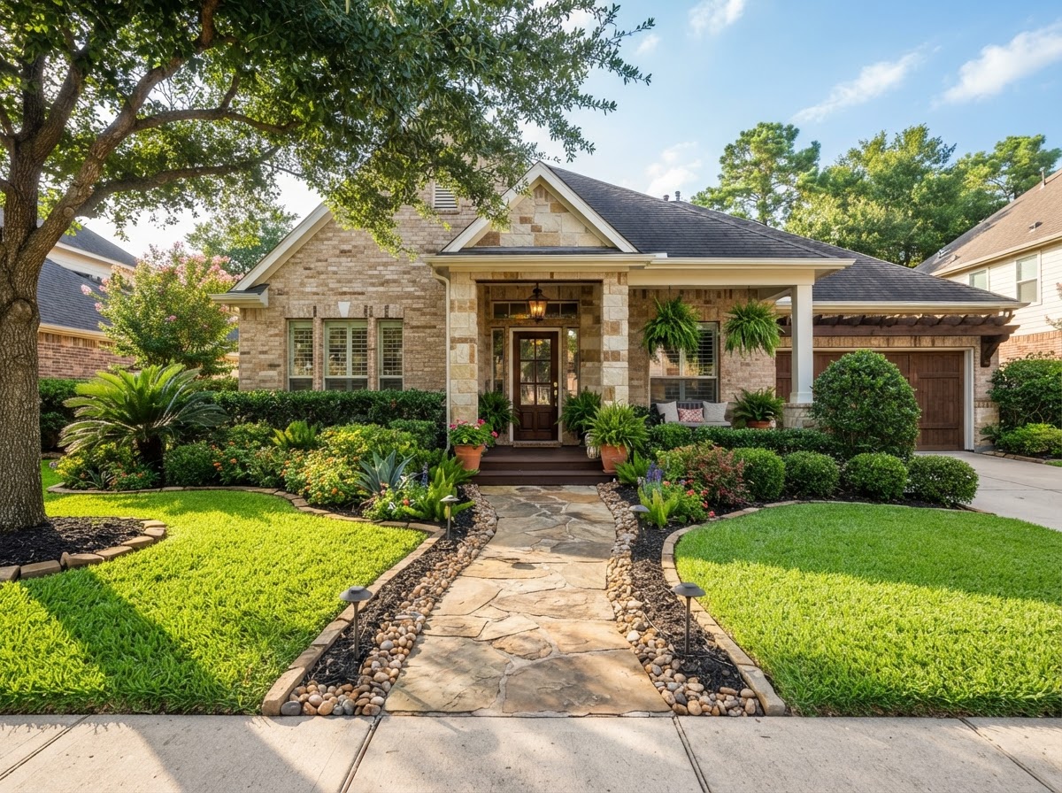Attractive Southeast Texas front yard landscaping with clear entry features and foundation planting beds