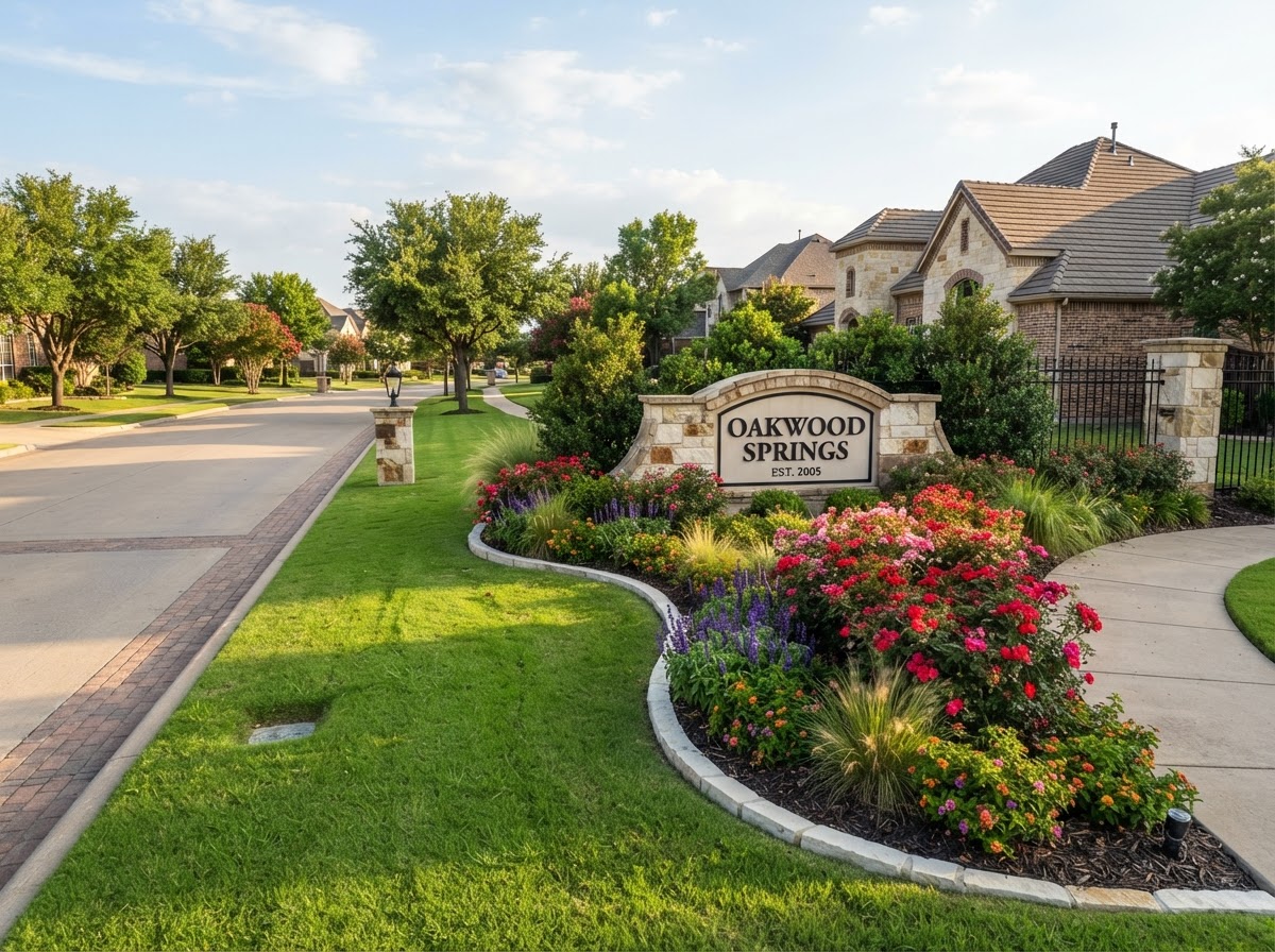 Well-maintained neighborhood entrance and landscaped HOA common area with planting beds and seasonal color