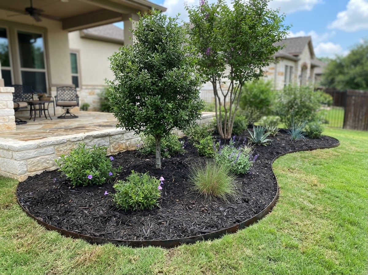 High-quality landscape beds with properly placed dark mulch around shrubs and trees