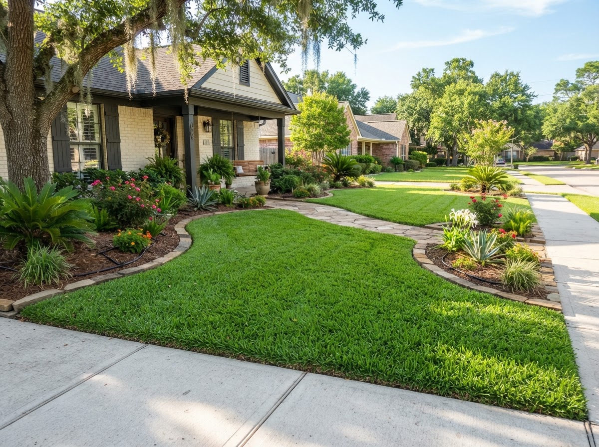 Well-maintained residential lawn with healthy green turf, clean edges, and surrounding landscape beds