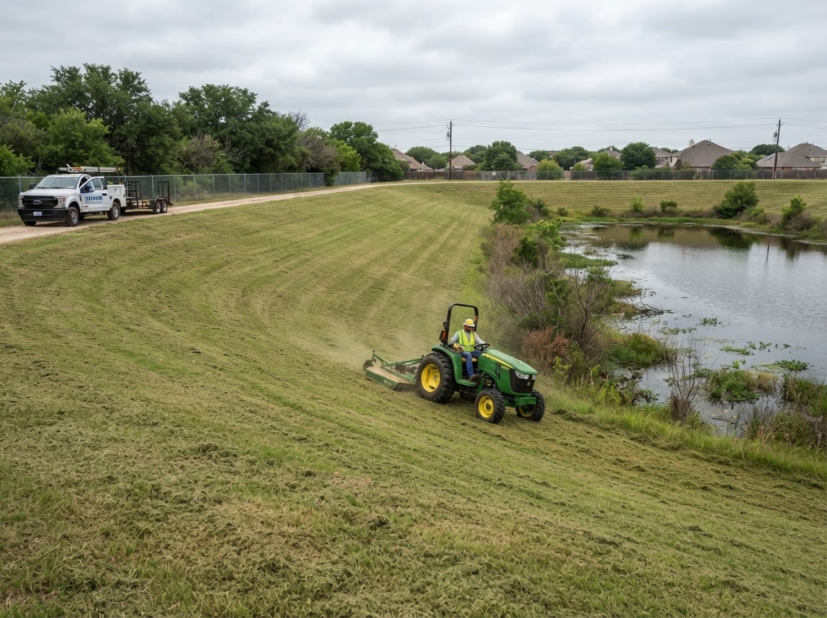 Appropriate detention basin vegetation-maintenance setting with mowed embankment grass and a stormwater perimeter