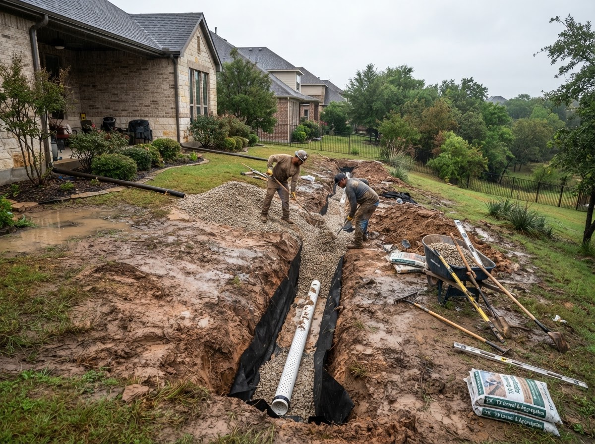 Realistic yard drainage assessment with a French drain trench and gravel installed along a slope