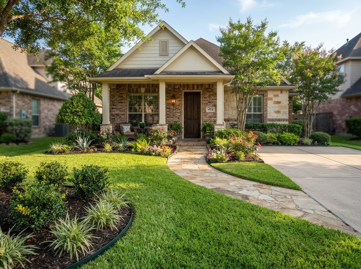 Refined residential front yard landscape with integrated planting beds and a stone walkway
