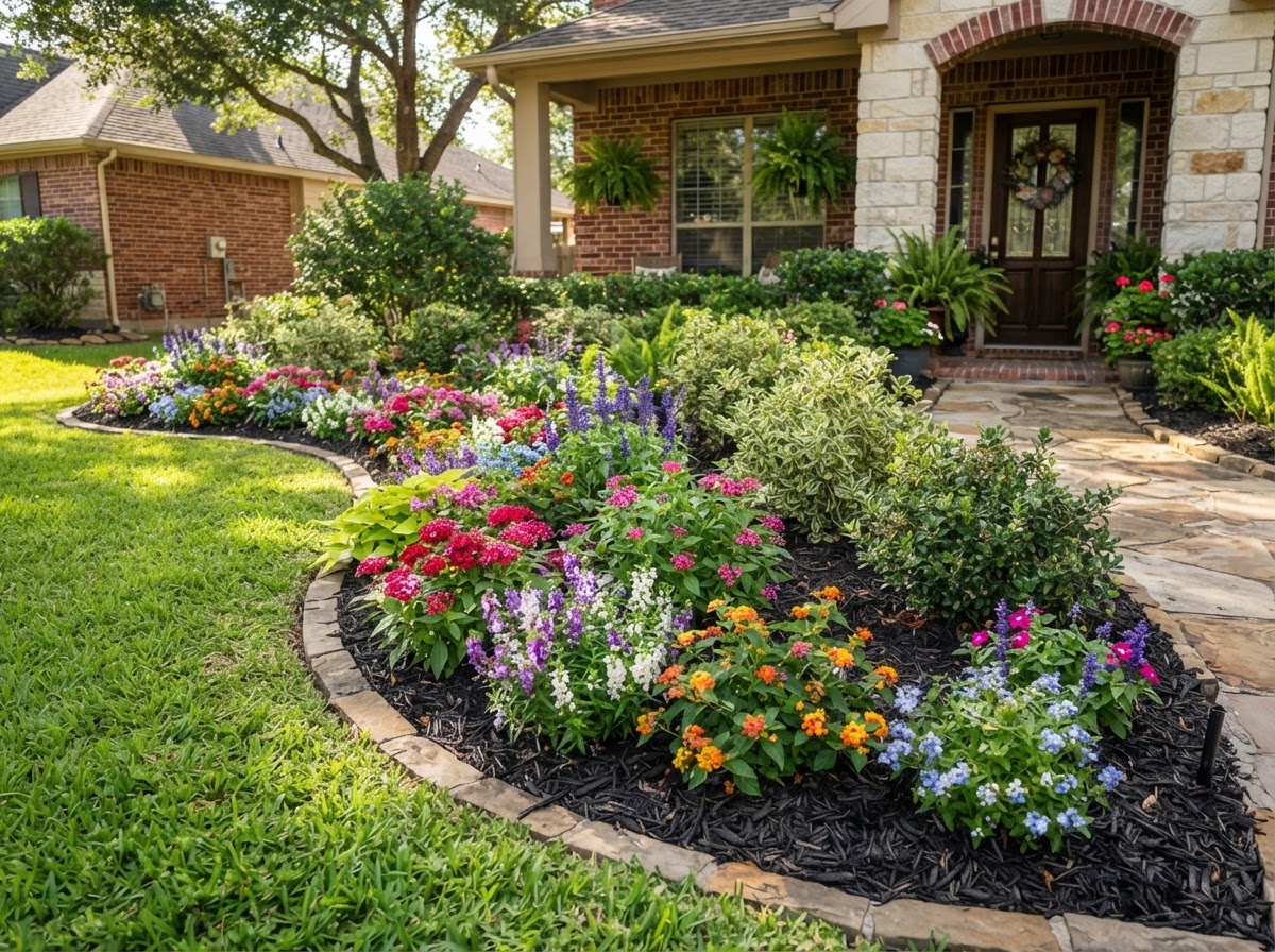 Tasteful Southeast Texas seasonal flower display in residential planting beds with colorful annuals