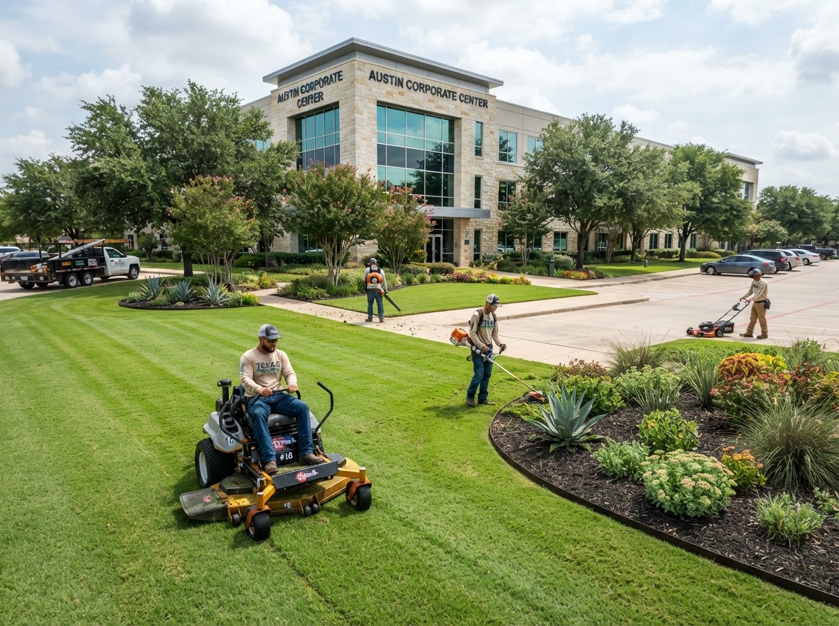 Professional grounds maintenance at a commercial property with a crew mowing a large turf area