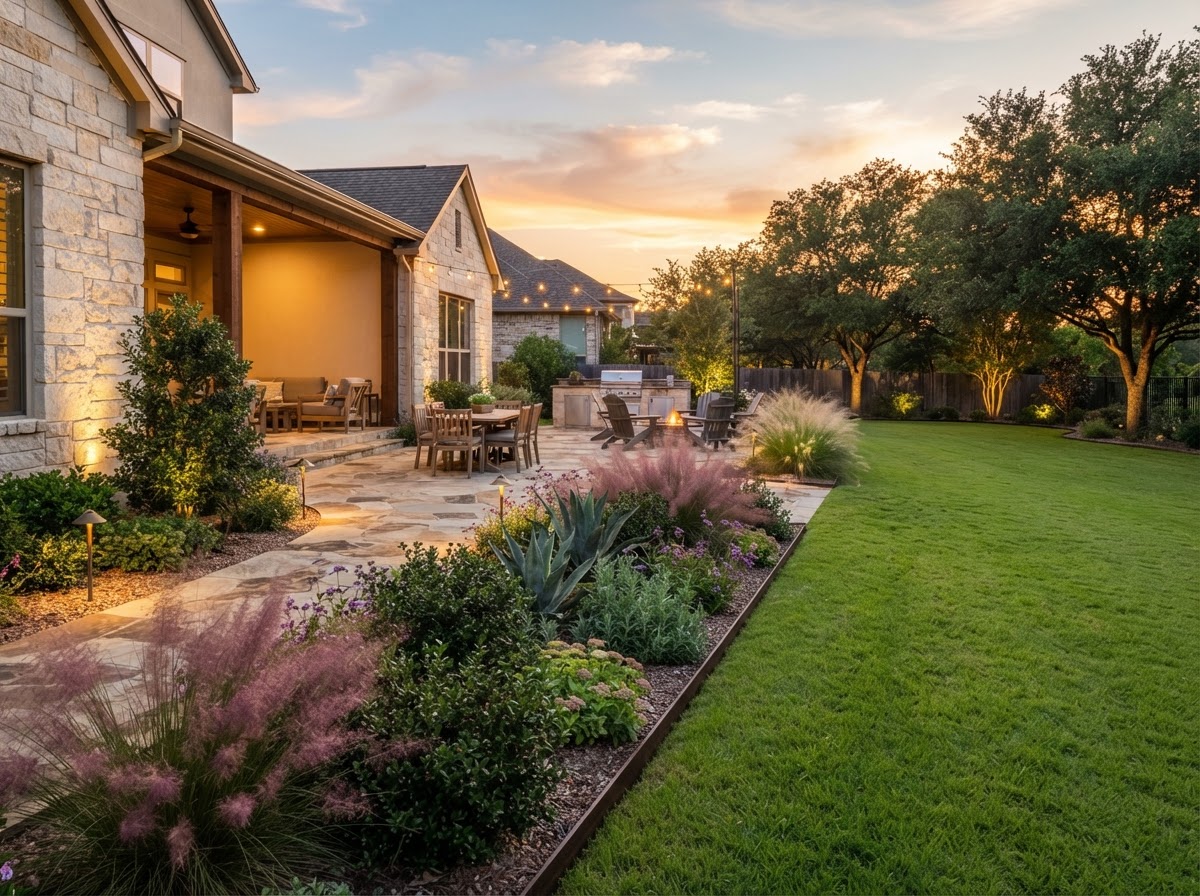 Premium finished residential landscape with integrated hardscape, planting, and landscape lighting