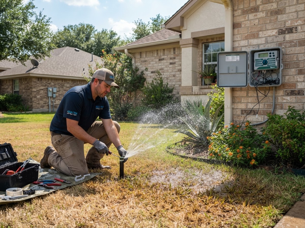 Realistic sprinkler system inspection and repair with an irrigation head and controller visible