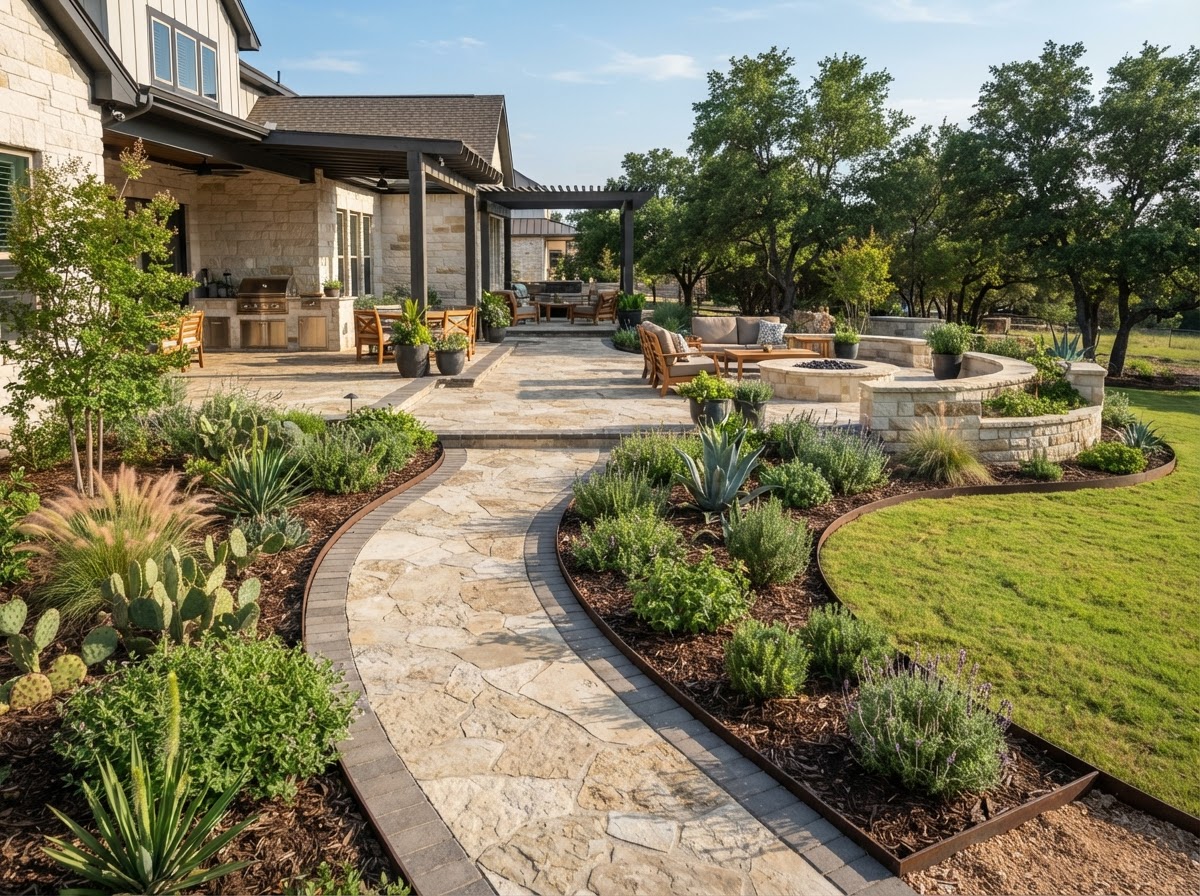 Premium landscape with visible stone and paver hardscaping, clean edging, and surrounding planting beds