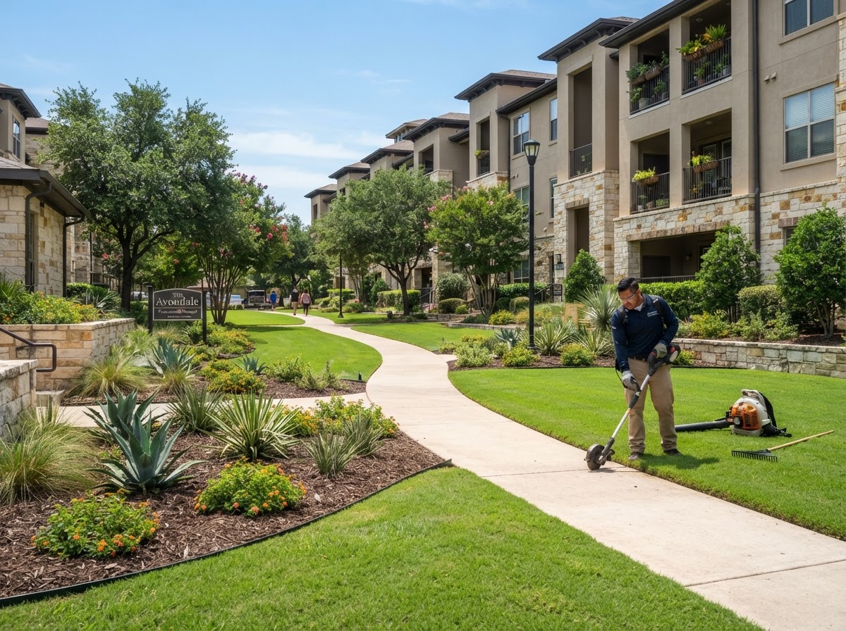Professionally maintained managed commercial property grounds with tidy landscape beds, lawn, and walkways