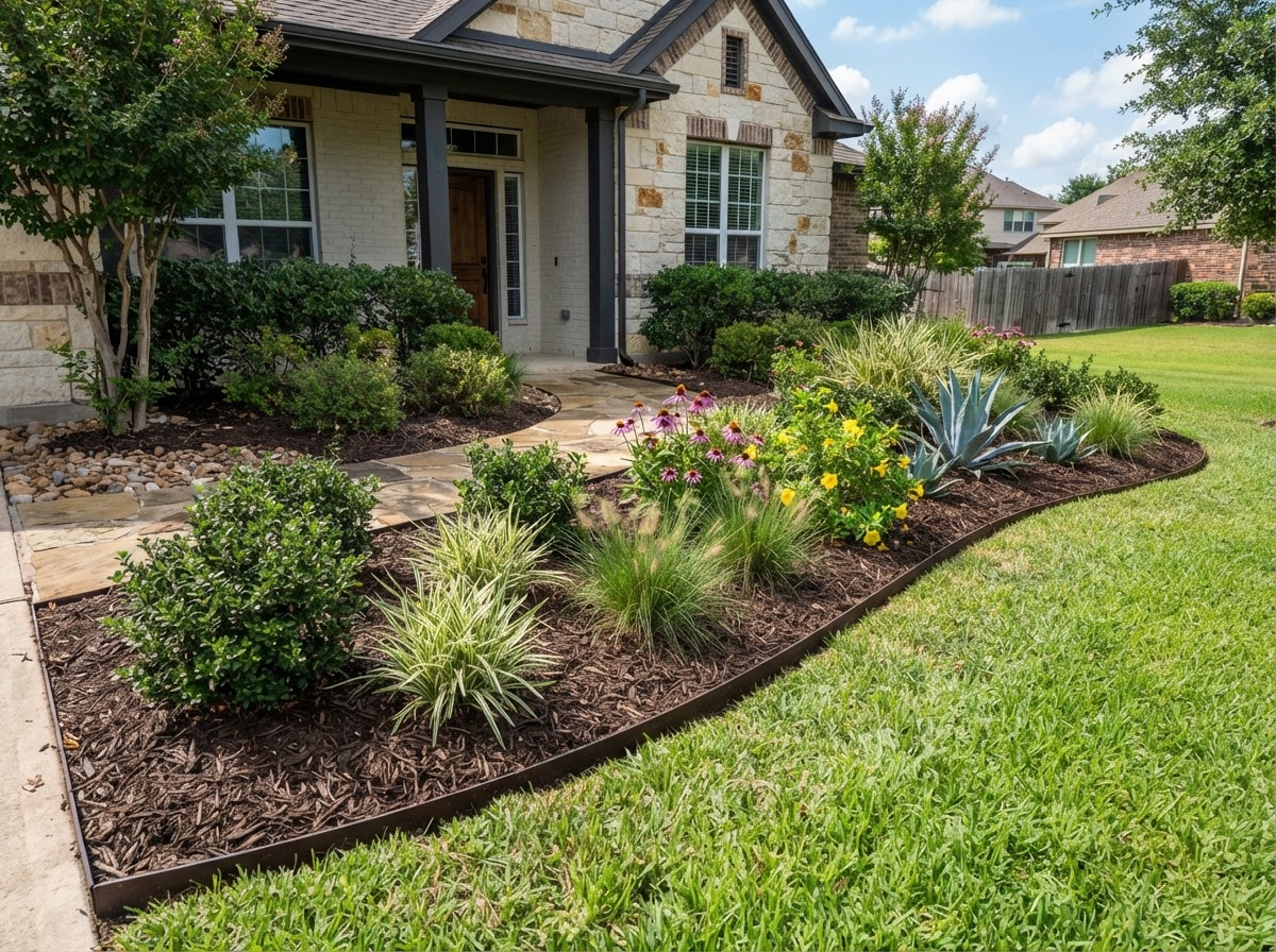 Tidy residential planting beds with realistic shrubs, fresh mulch, and clean bed edges