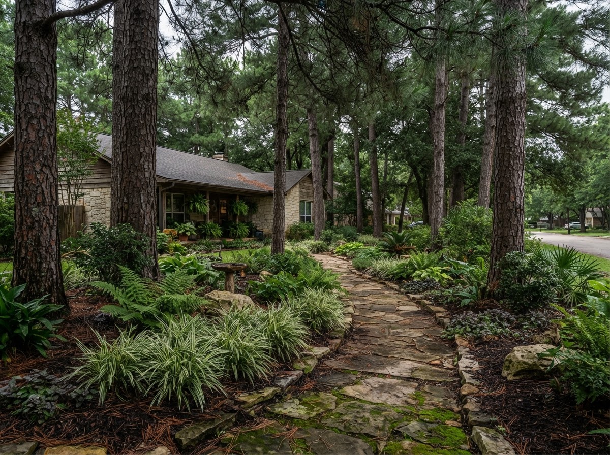 Realistic shaded residential landscape beneath established pine trees with shade-tolerant groundcover